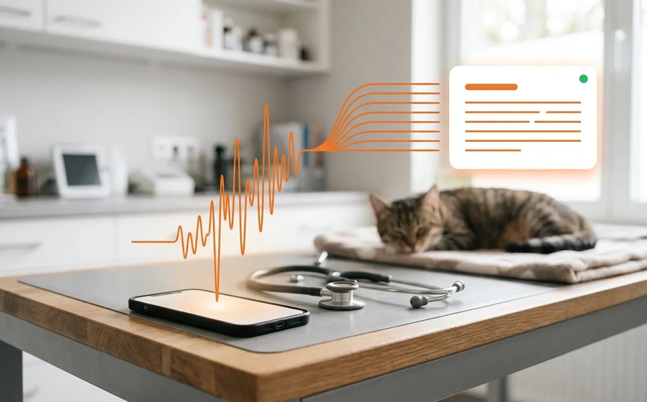 A sound wave rising from a phone beside a stethoscope and turning into structured veterinary note lines