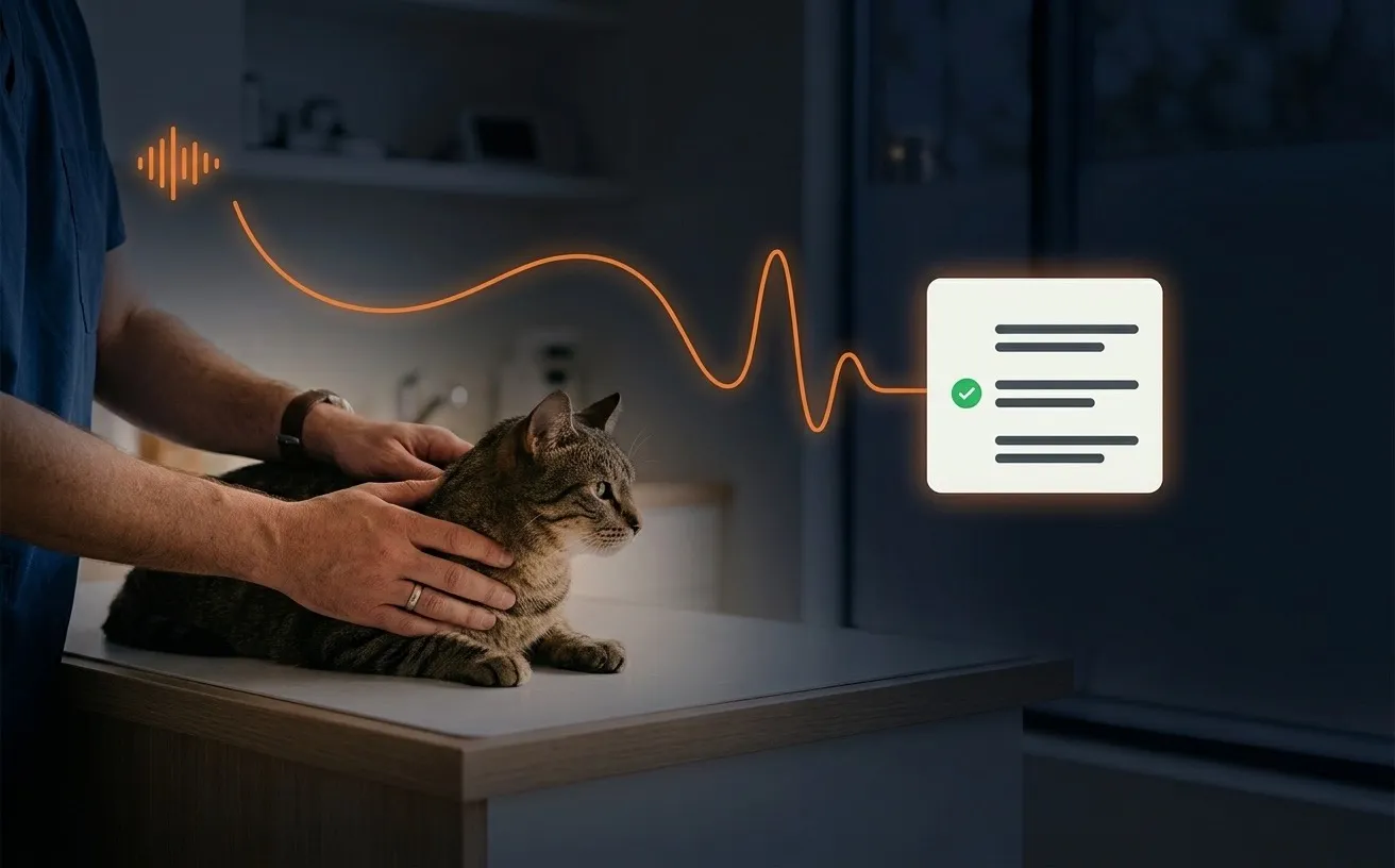 A veterinarian holding a cat on an exam table while a note card assembles from a voice wave