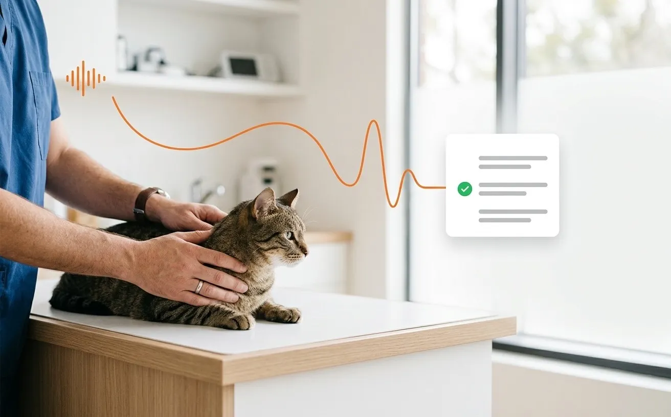 A veterinarian holding a cat on an exam table while a note card assembles from a voice wave